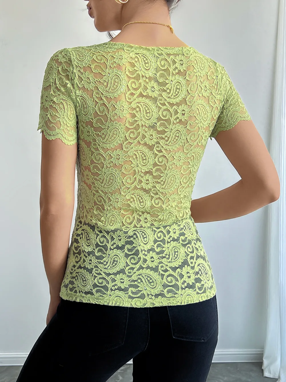 Floral Lace Square Neck T-Shirt, image 3