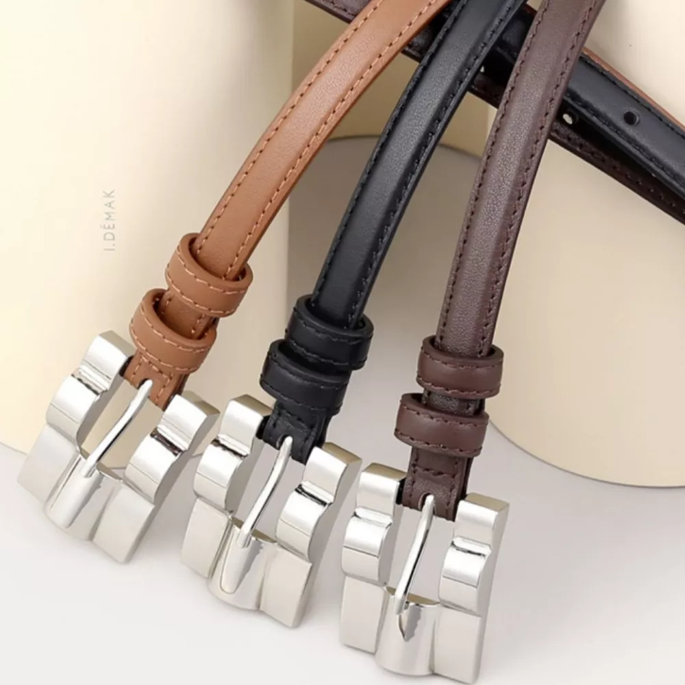 Skinny Leather Belt with Silver Buckle, image 3