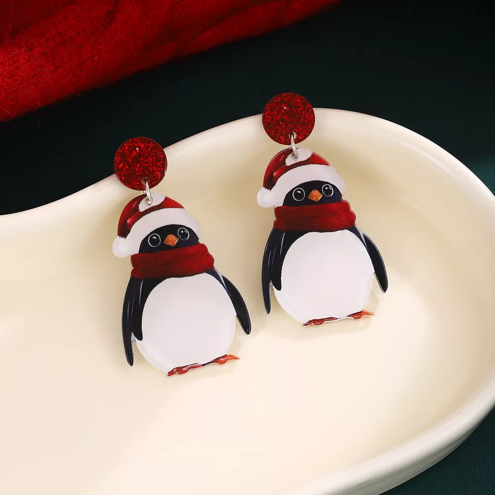 Christmas Penguin Santa Hat Holiday Earrings, image 2