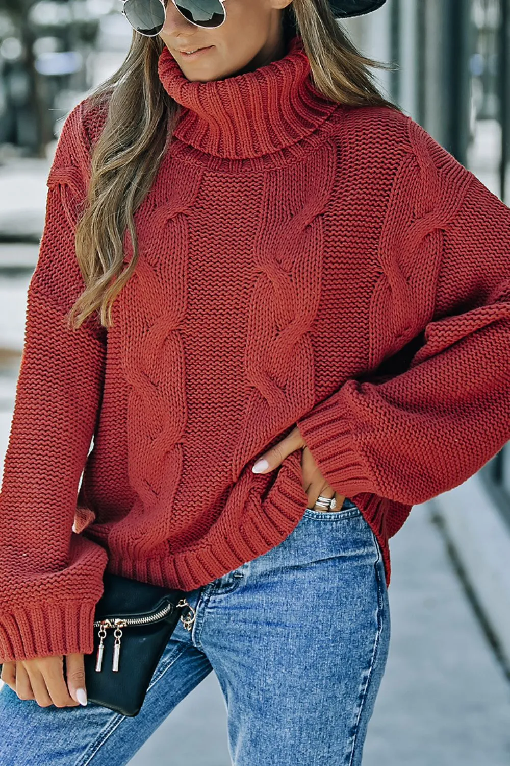 Cable-Knit Turtleneck Dropped Shoulder Sweater, image 6