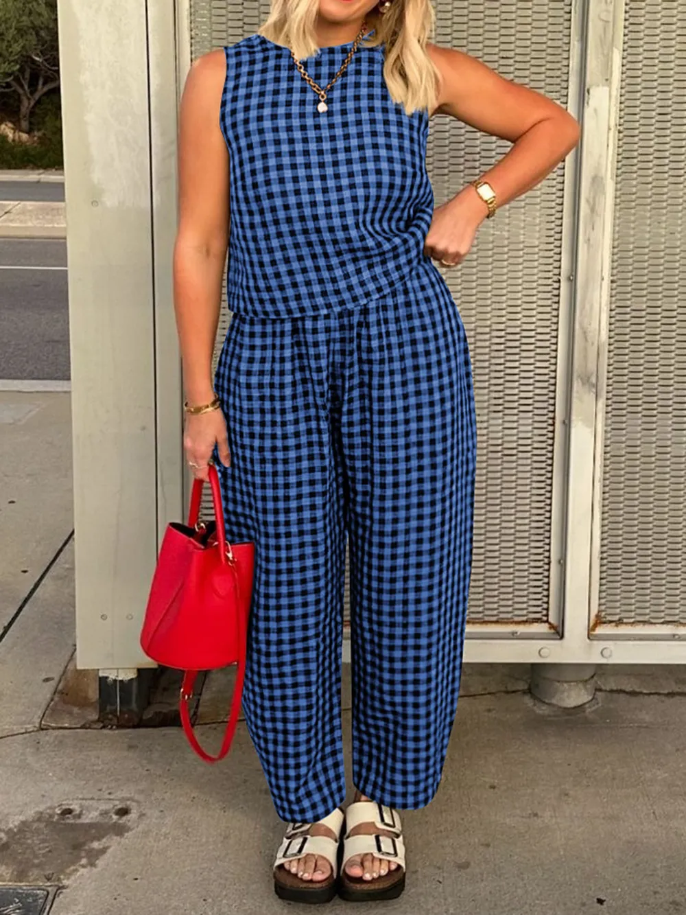 Plaid Round Neck Sleeveless Top and Pants Set, image 17