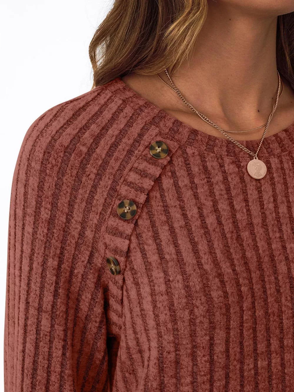 Ribbed Knit Decor Button Long Sleeve T-Shirt, image 25