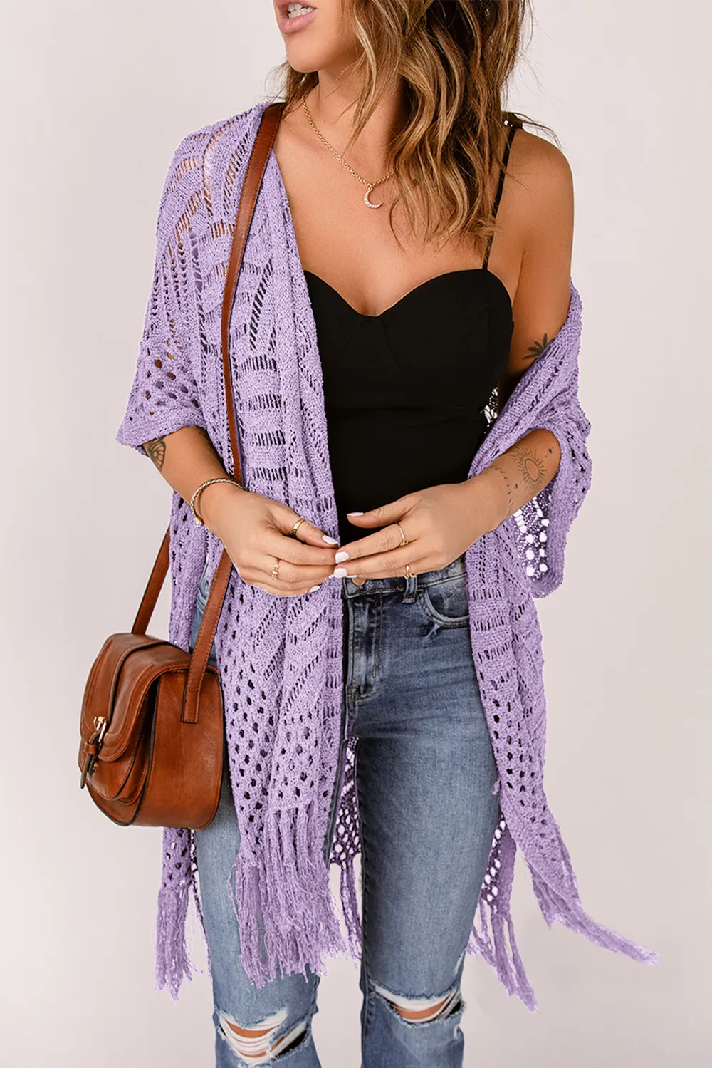 Openwork Open Front Cardigan with Fringes, image 22