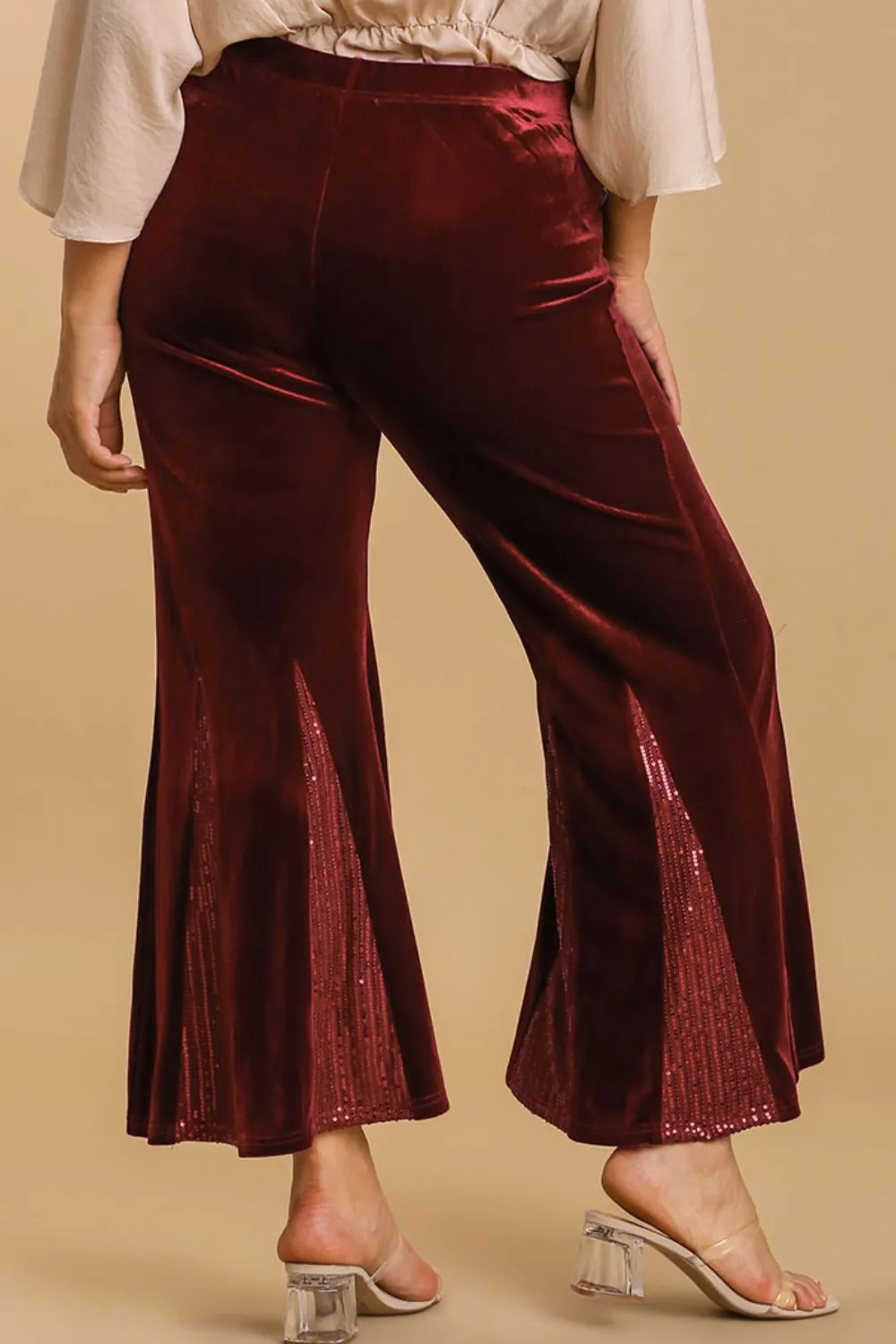 Full Size Sequin Elastic Waist Velvet Stretch Flare Leg Pants Plus Size, image 4