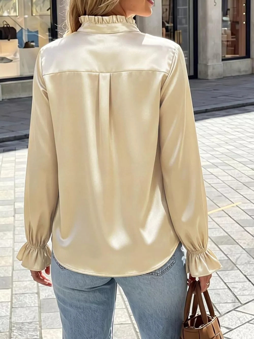 Elegant Button Down Ruffle Trim Satin Shirt, image 6