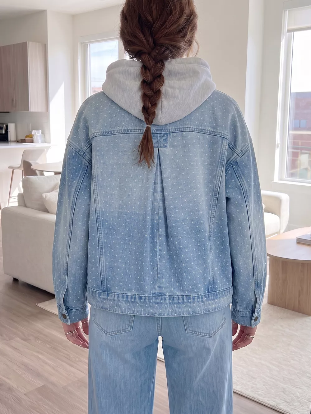 Polka Dot Long Sleeve Collar Pocket Casual Shift Silhouette Denim Jacket, image 5
