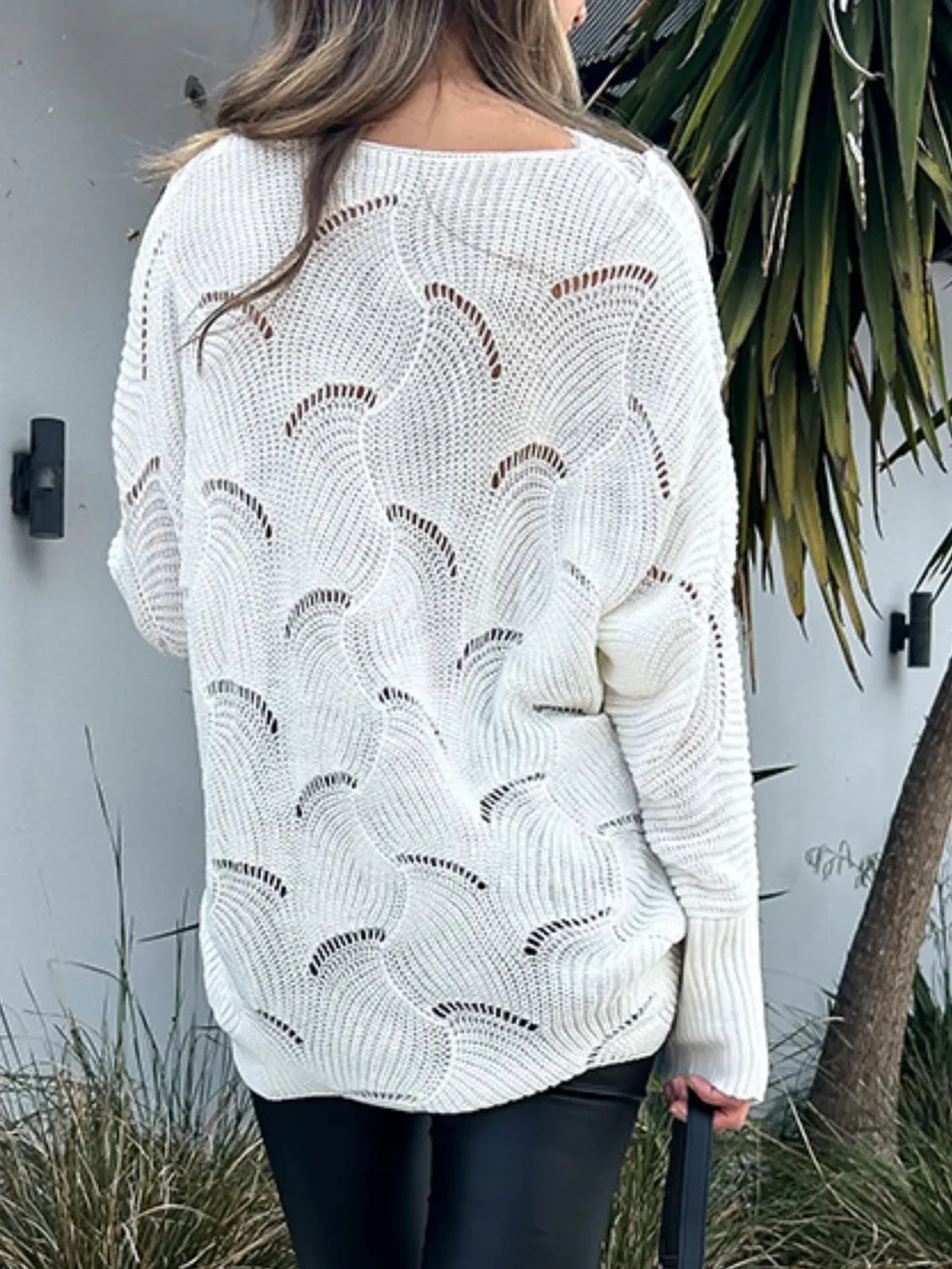 Lace Detail Openwork V-Neck Long Sleeve Sweater, image 2