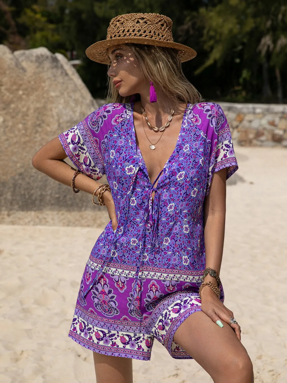 Tied Printed Short Sleeve Romper, image 7