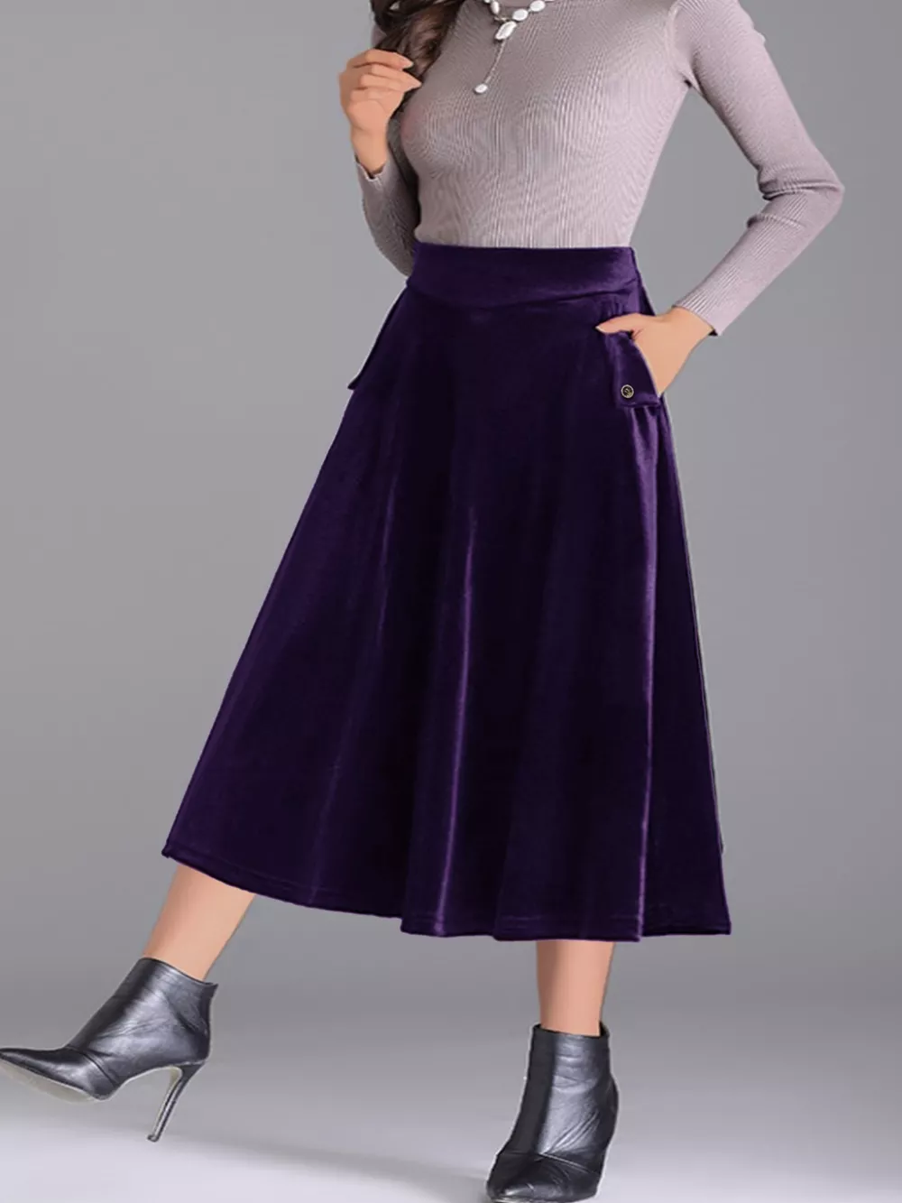 Plus Size Elegant Velvet A-Line Midi Skirt, image 13