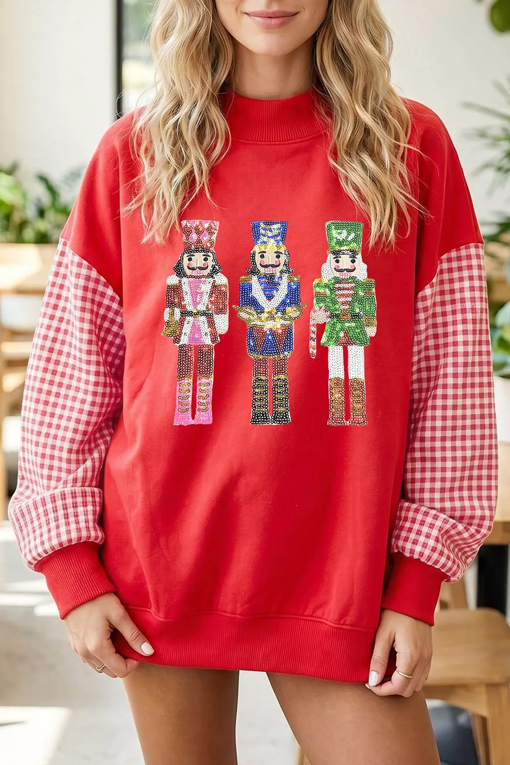 Sequin Nutcracker Plaid Sleeve Pullover Sweatshirt, image 2
