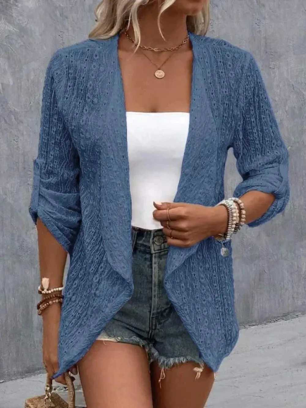 Eyelet Roll-Tab Sleeve Cardigan, image 18
