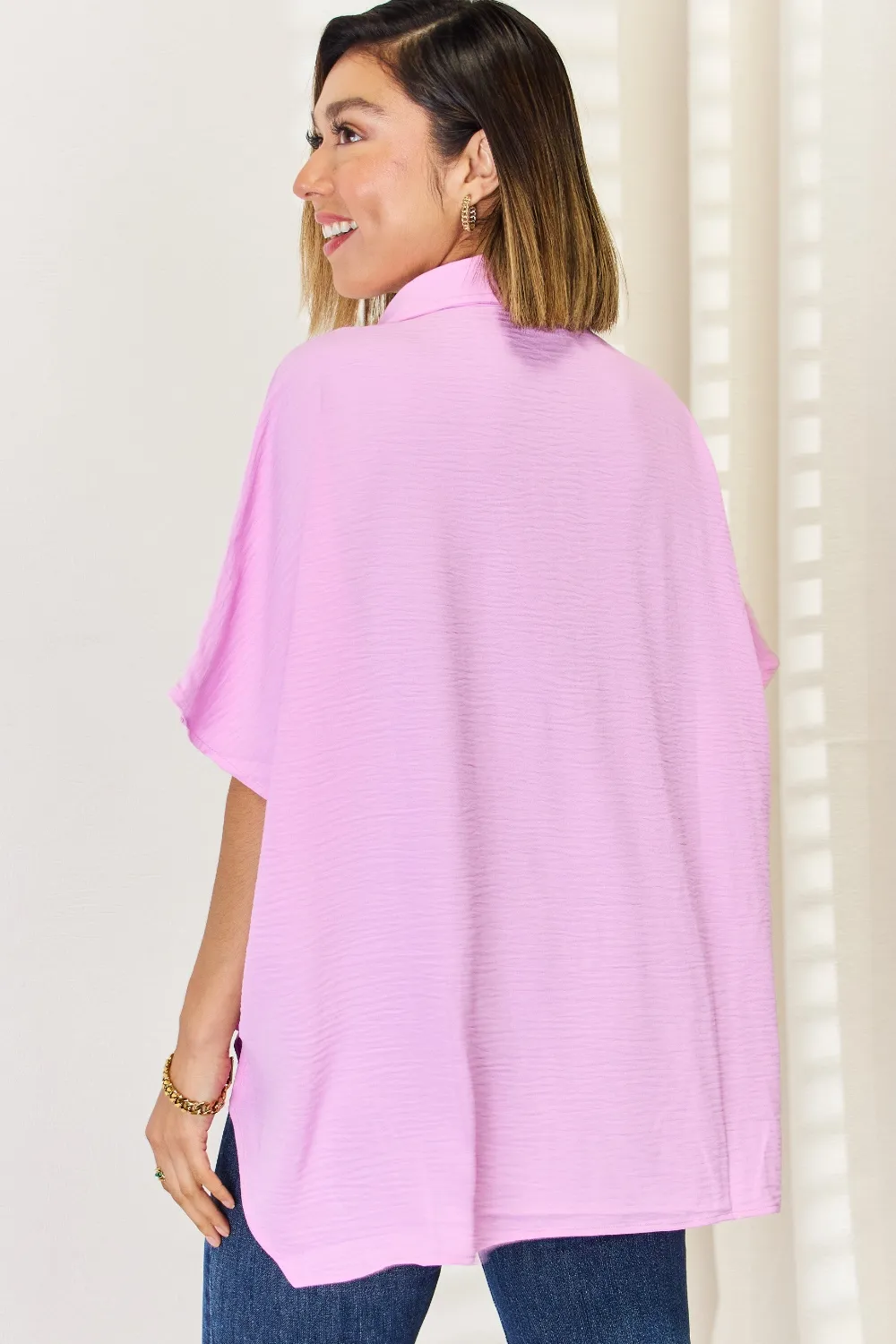 Texture Button Up Short Sleeve High-Low Shirt, image 2