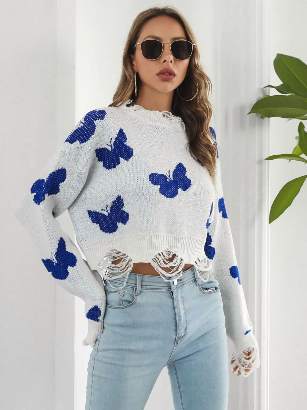 Distressed Butterfly Cropped Sweater, image 3
