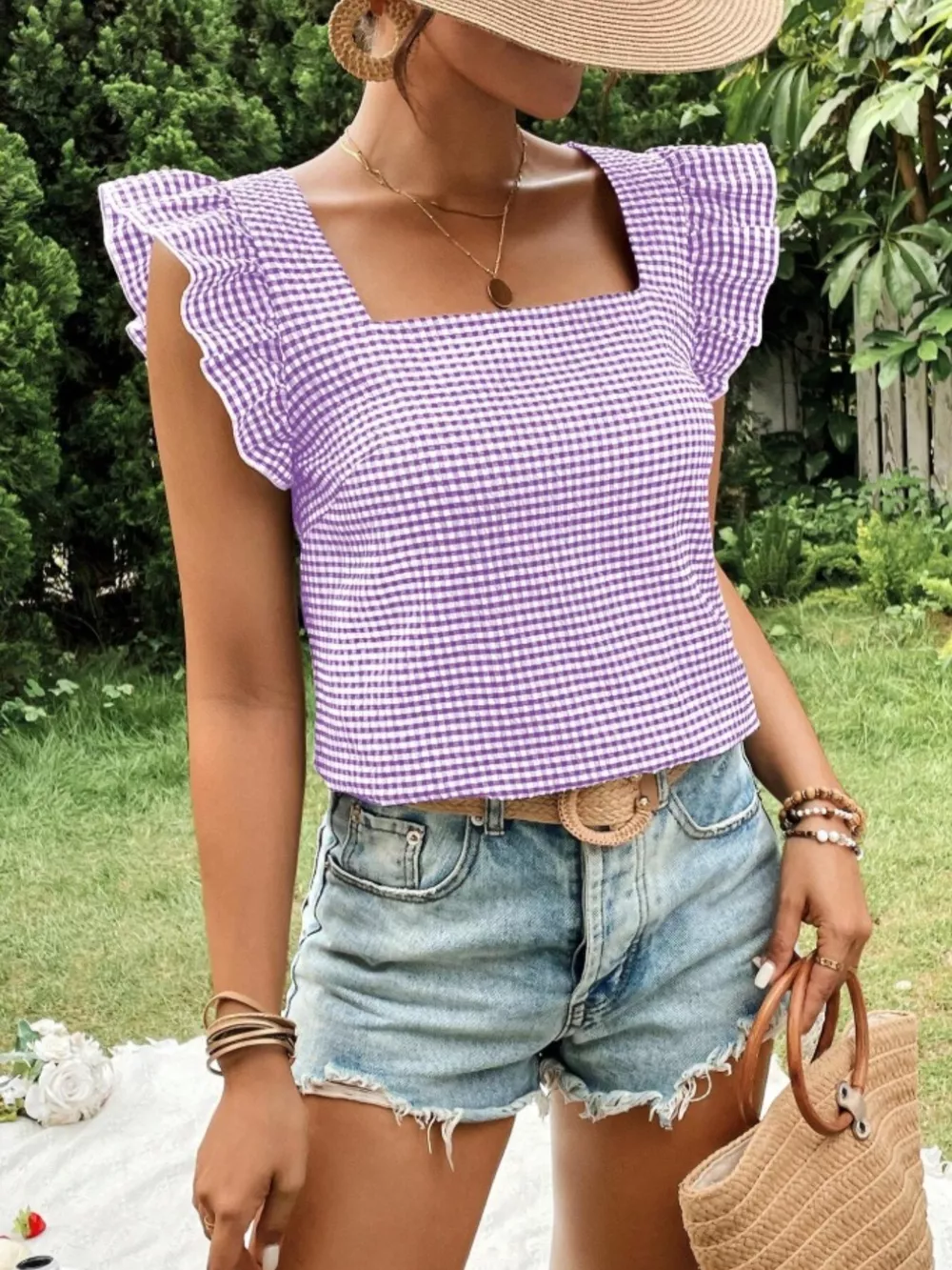 Gingham Ruffle Sleeve Square Neck Blouse, image 21