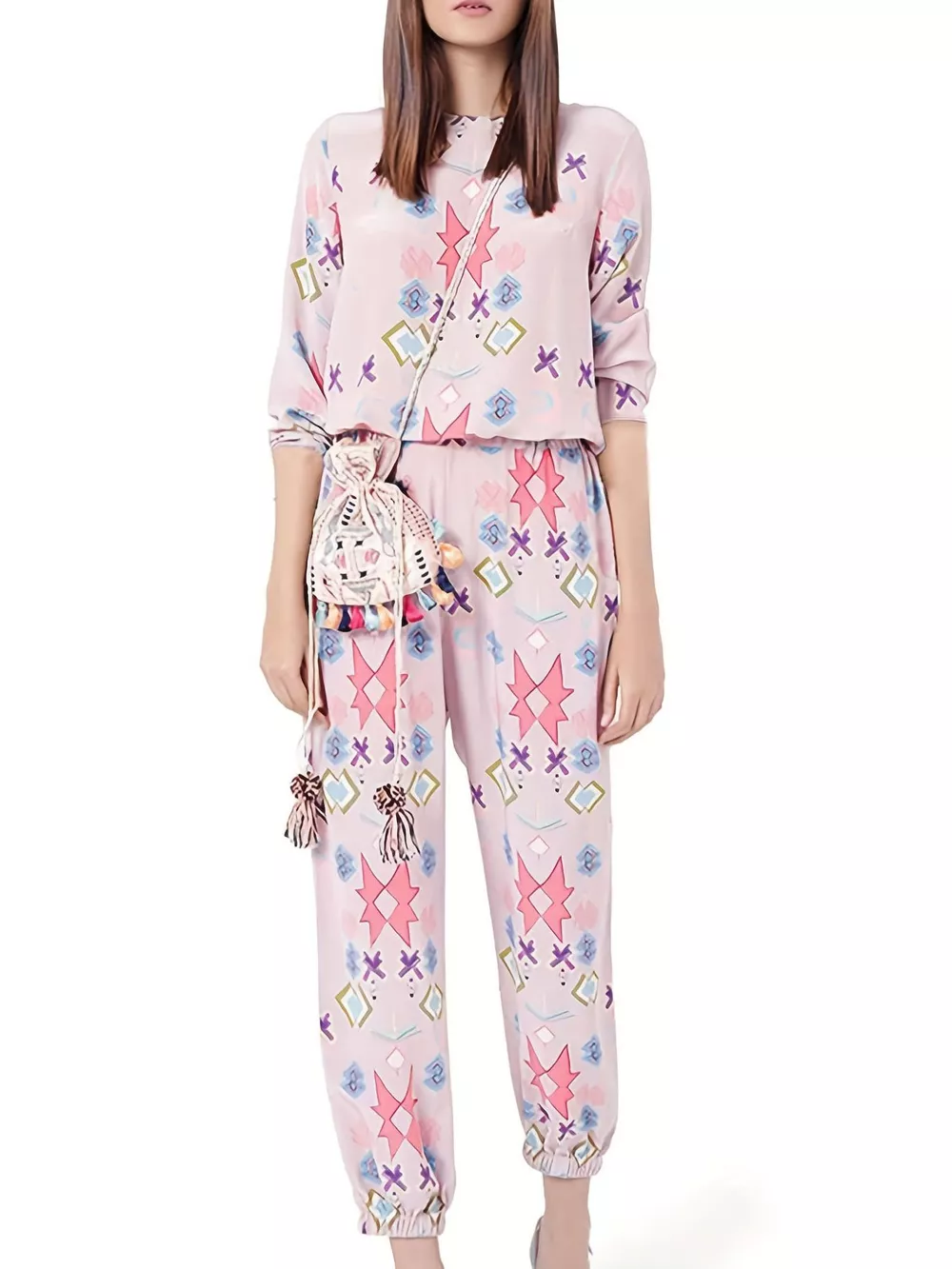 Printed Round Neck Long Sleeve Top and Pants Lounge Set