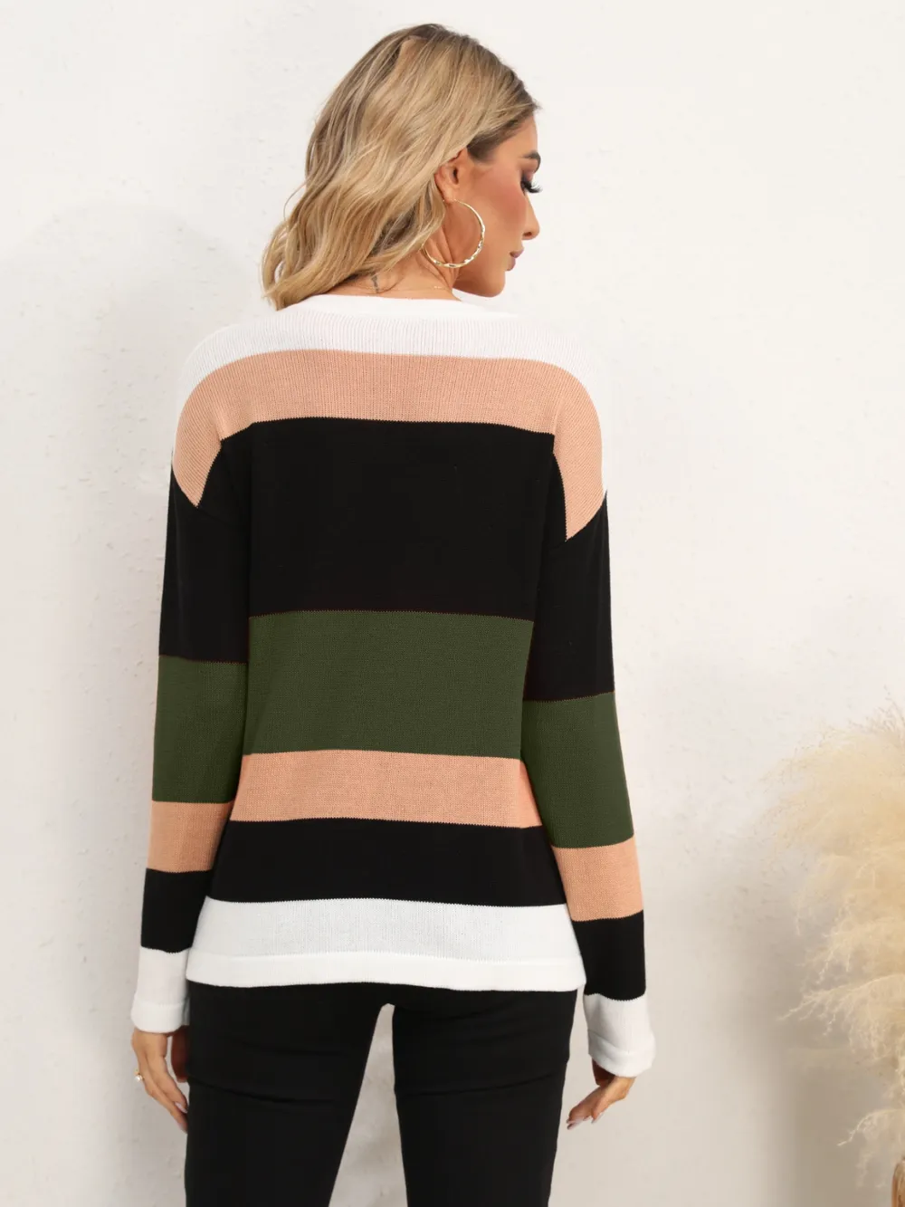 Striped Round Neck Dropped Shoulder Sweater, image 26