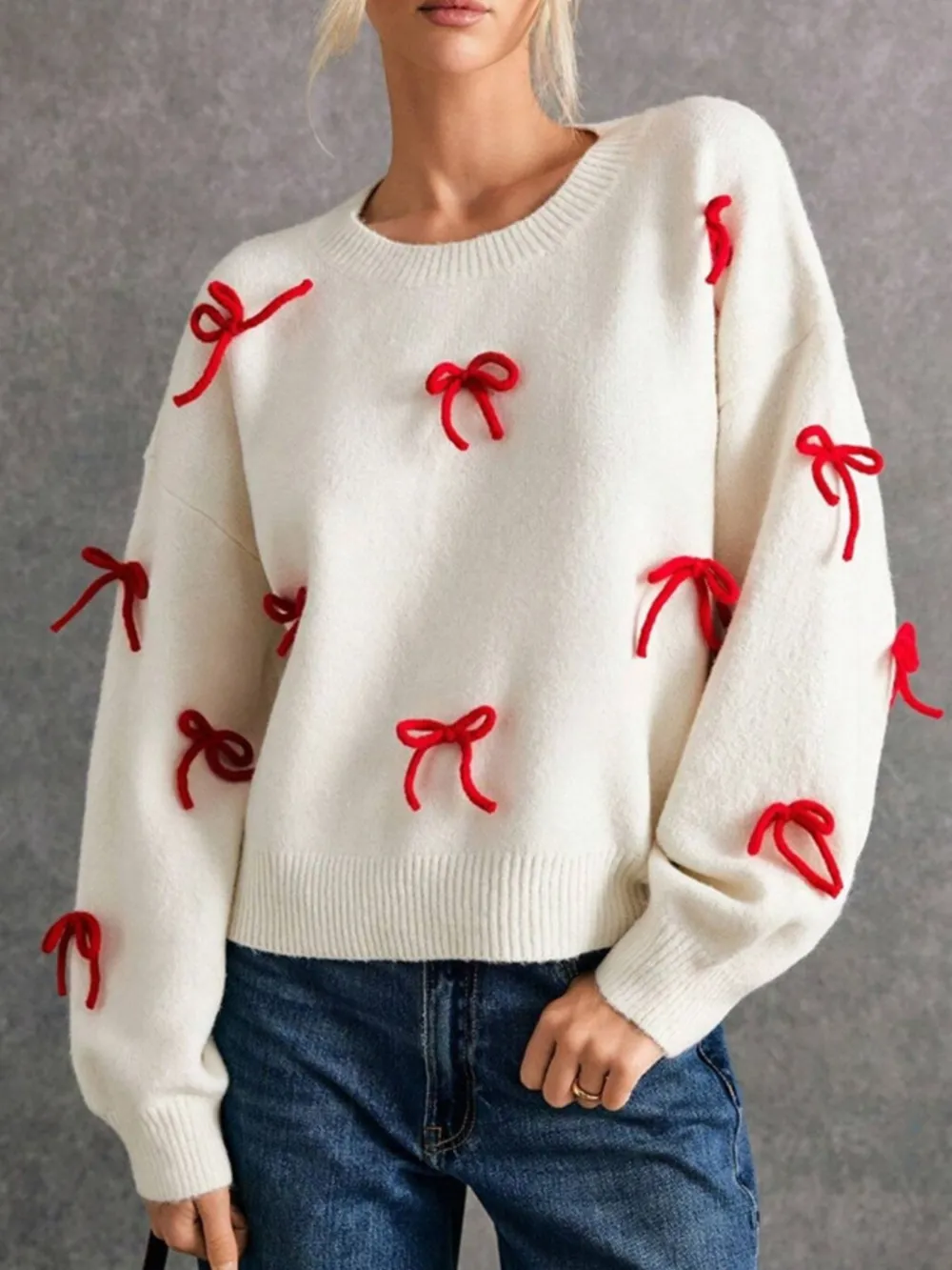 Bow Contrast Round Neck Long Sleeve Sweater