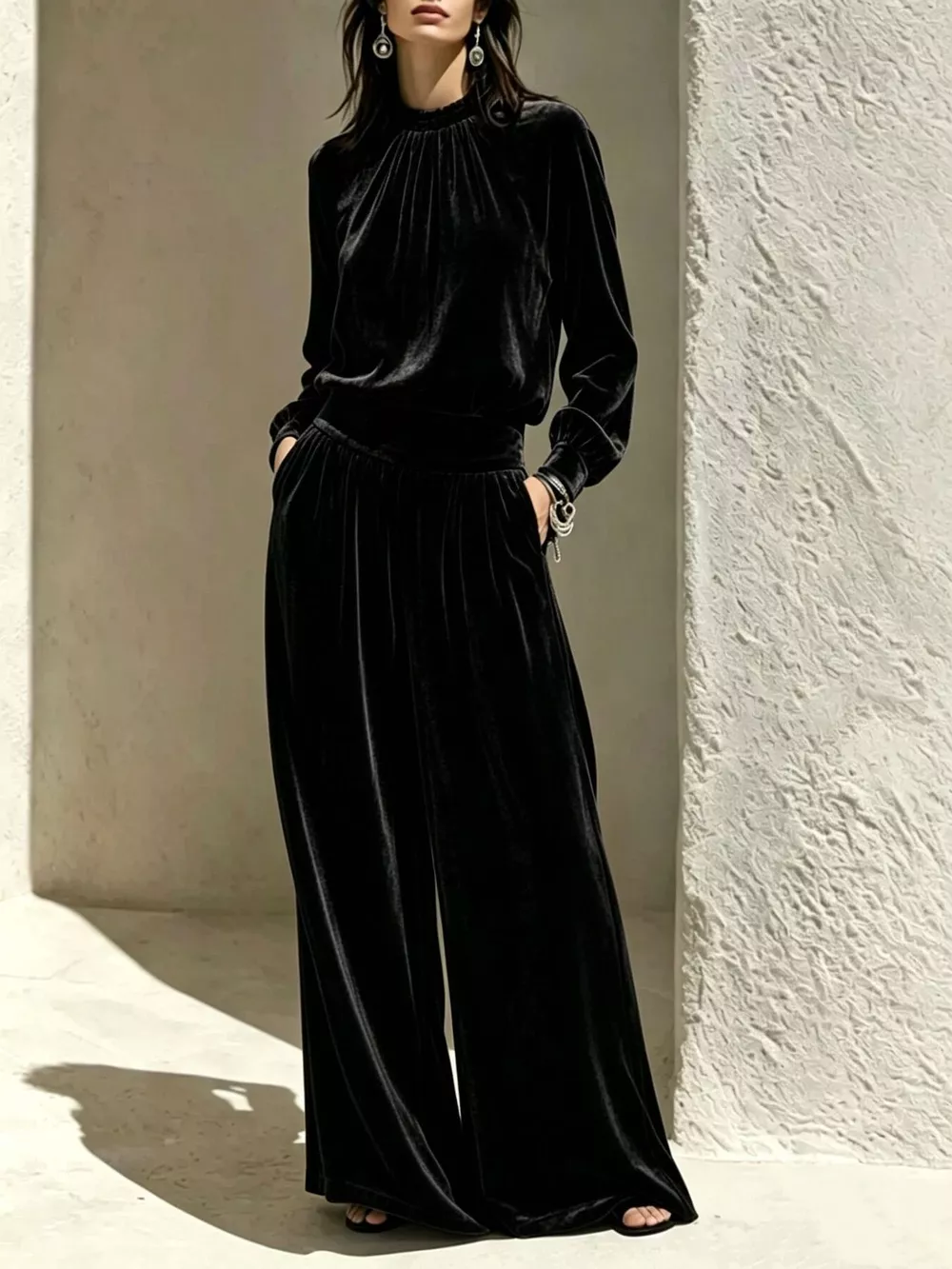 Velvet Mock Neck Long Sleeve Top and Wide-Leg Pants Set, image 10