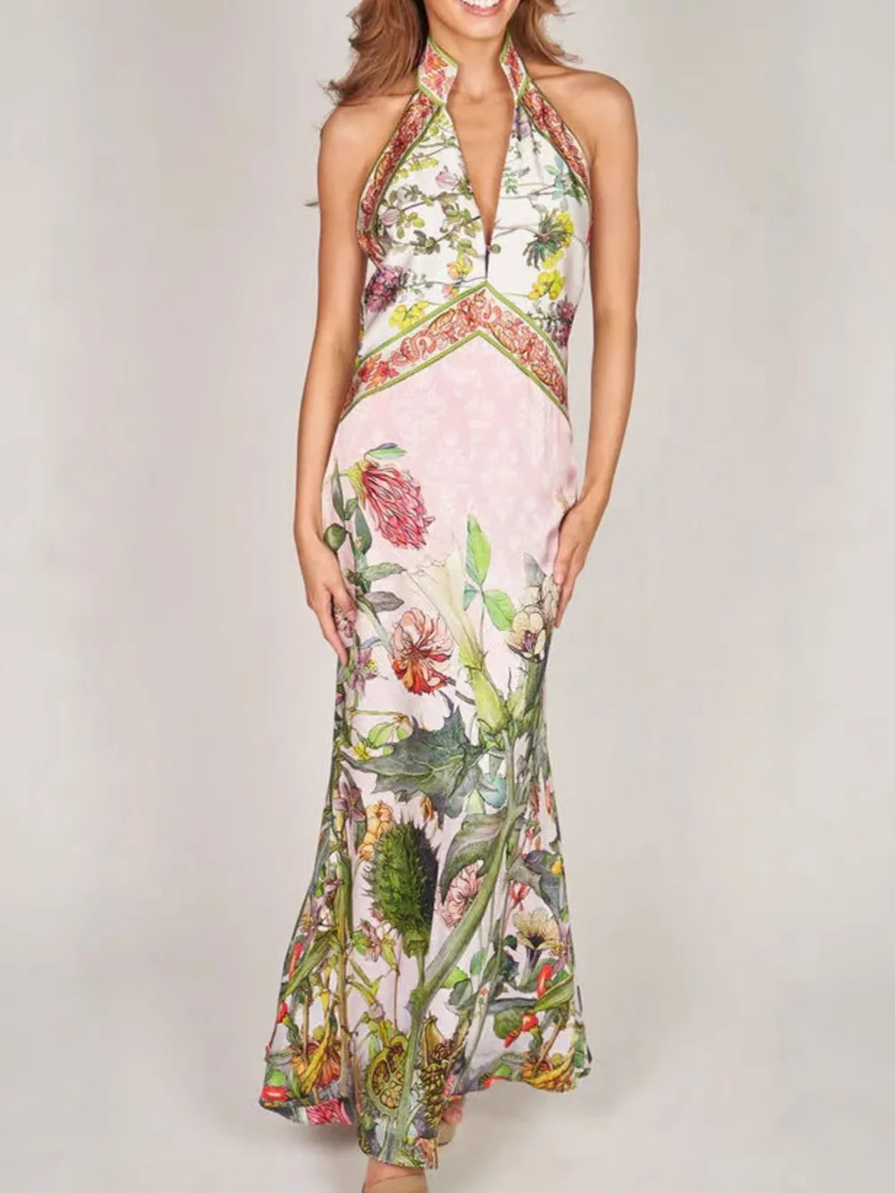 Printed Halter Neck Backless Maxi Dress, image 5