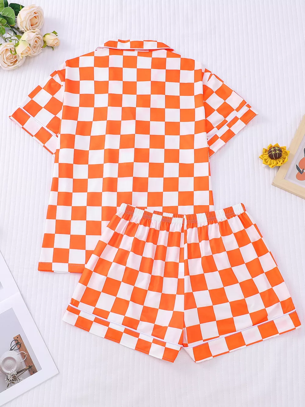 Checkered Print Button Up Top and Shorts Lounge Set, image 6