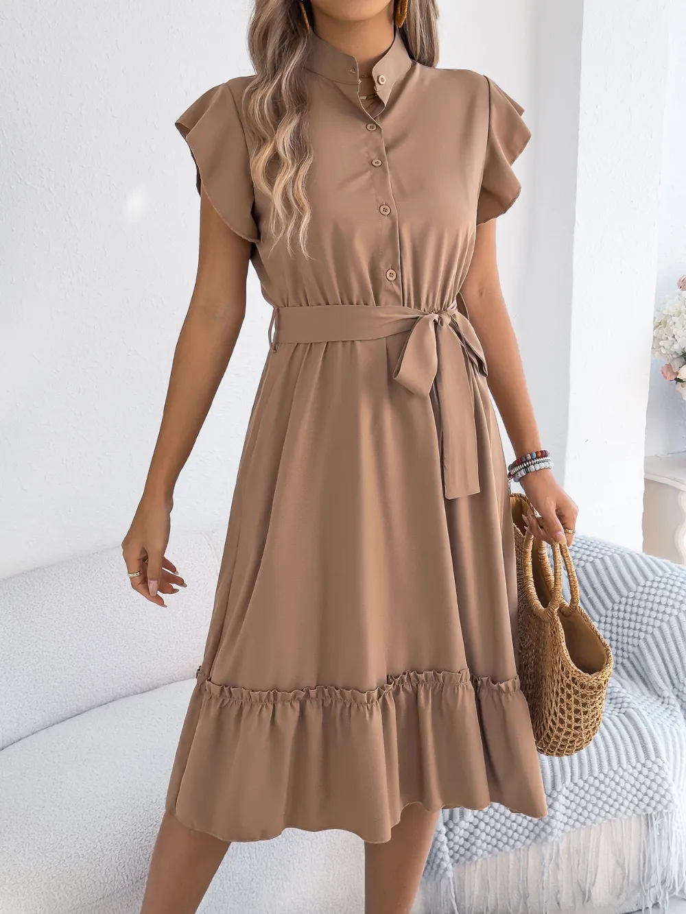 Tie Waist Ruffled Cap Sleeve Dress, image 10