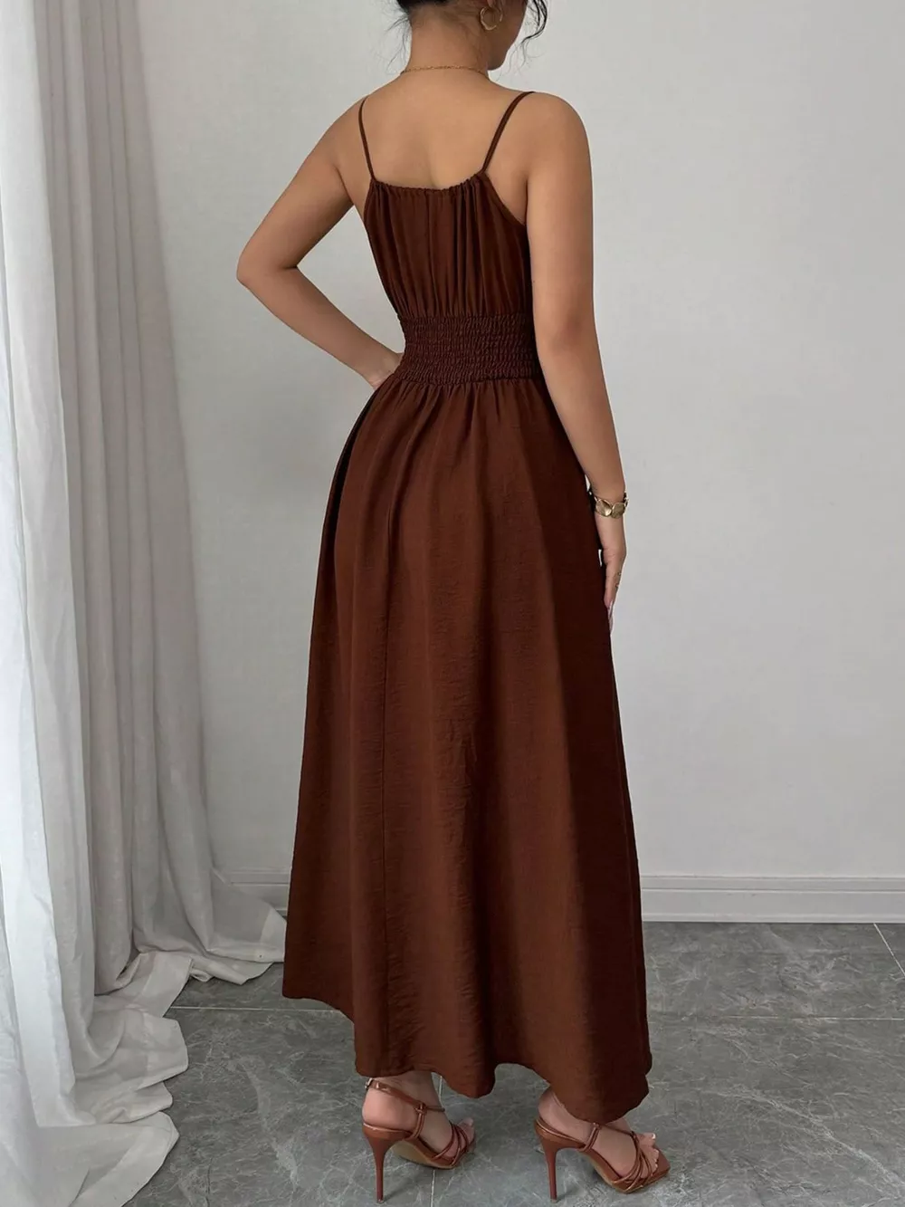 Smocked Spaghetti Strap Midi Dress, image 12