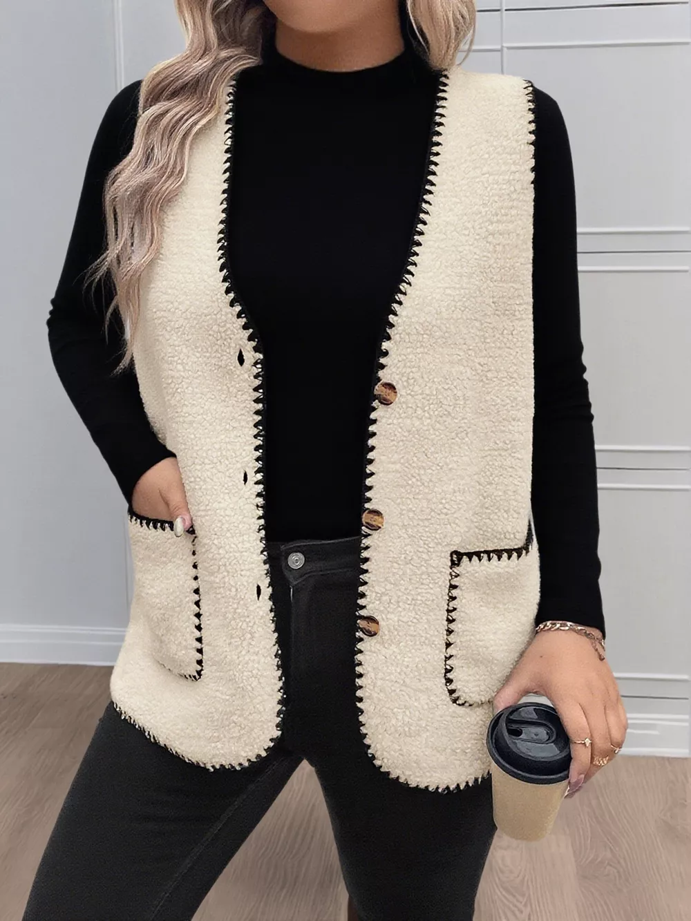 Plus Size Contrast Trim Button Up Vest Coat, image 4