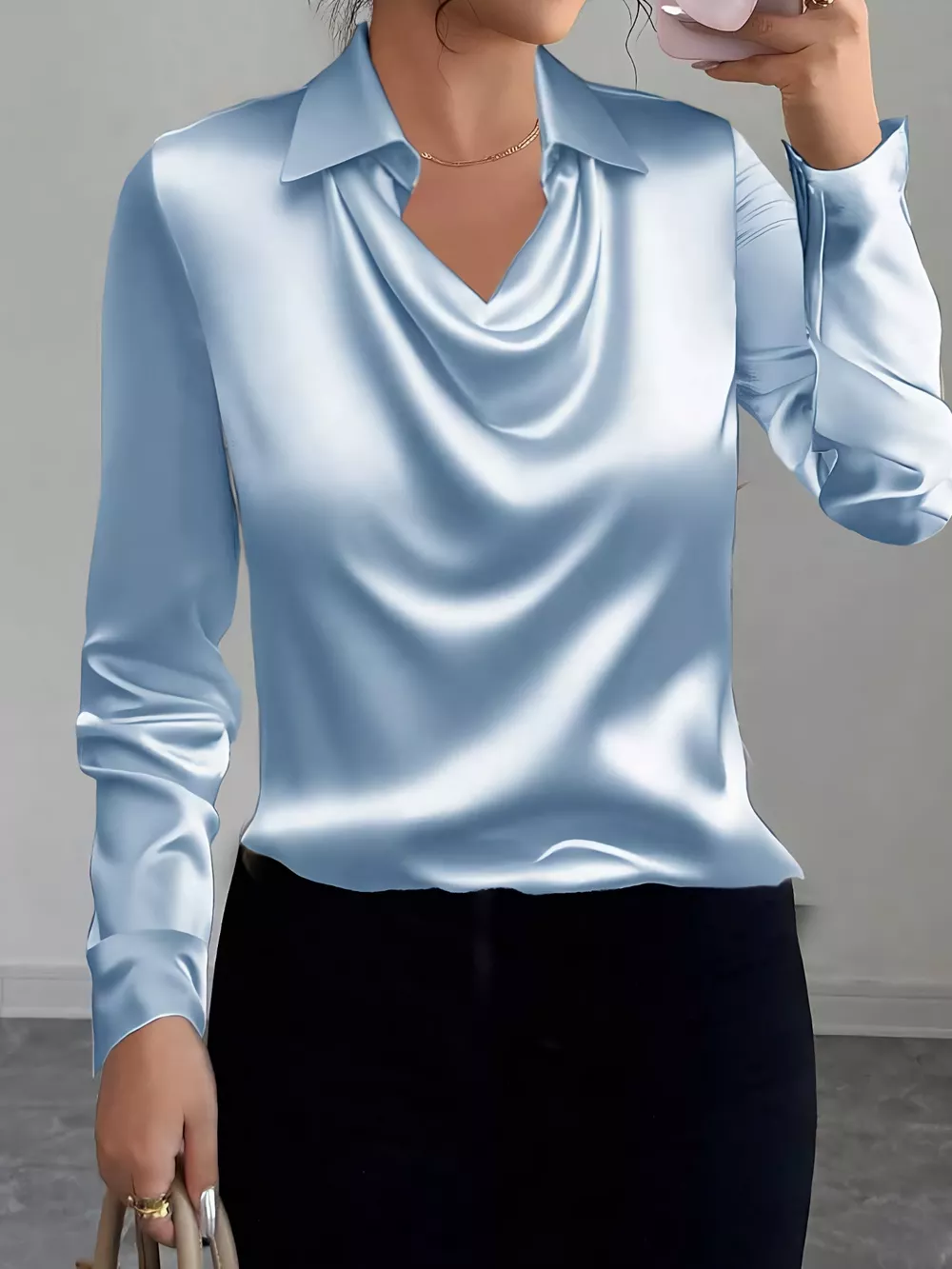 Satin Collared Neck Long Sleeve Blouse