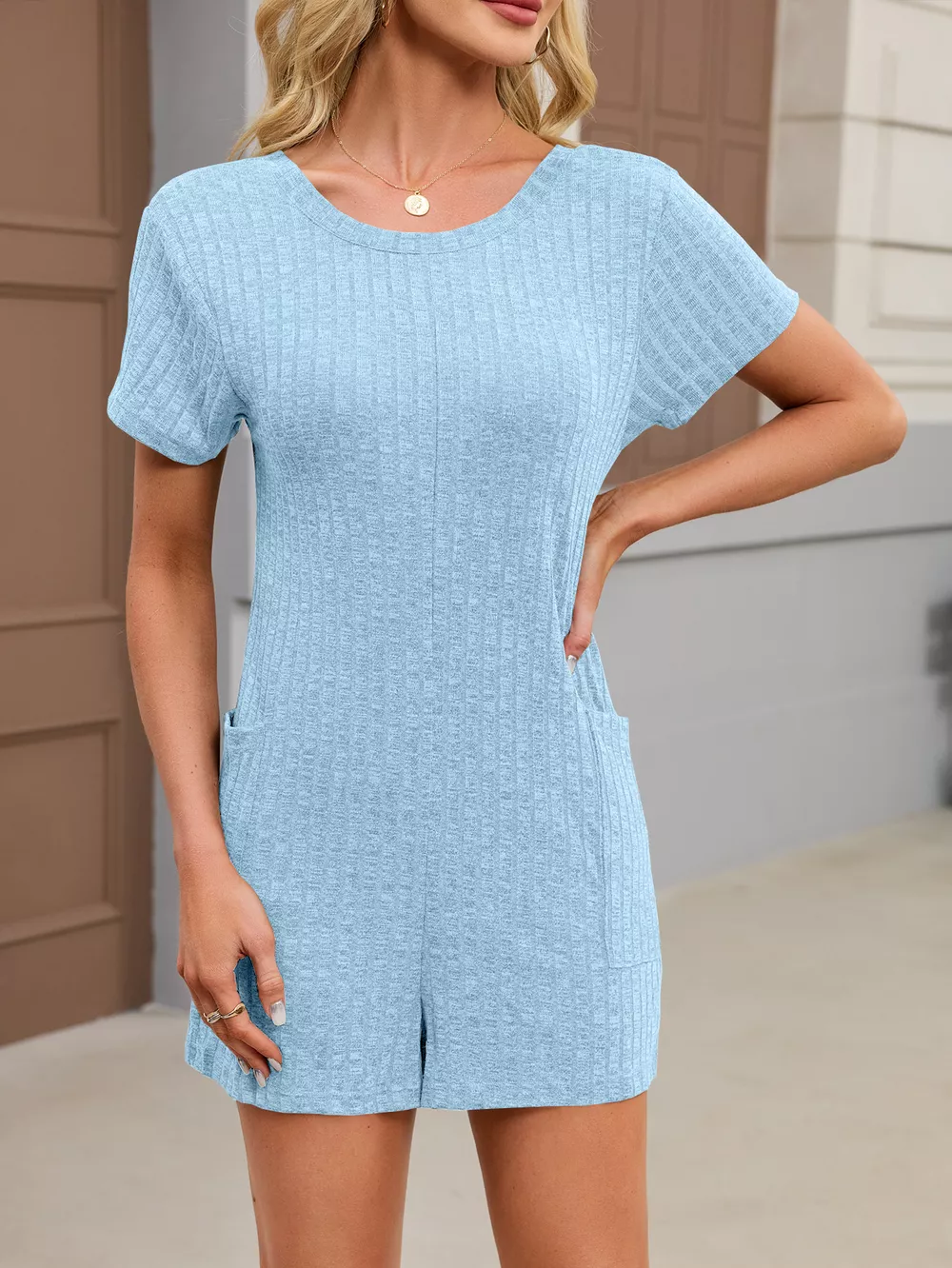 Casual Ribbed Knit V-Neck Romper, image 29