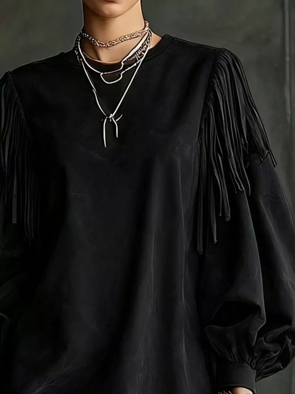 Fringe Detail Lantern Sleeve Mini Dress, image 2