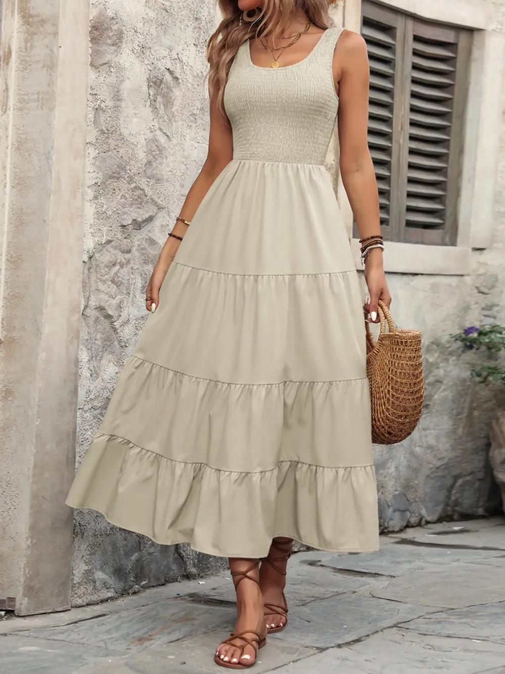 Smocked Scoop Neck Sleeveless Tank Dress, image 3