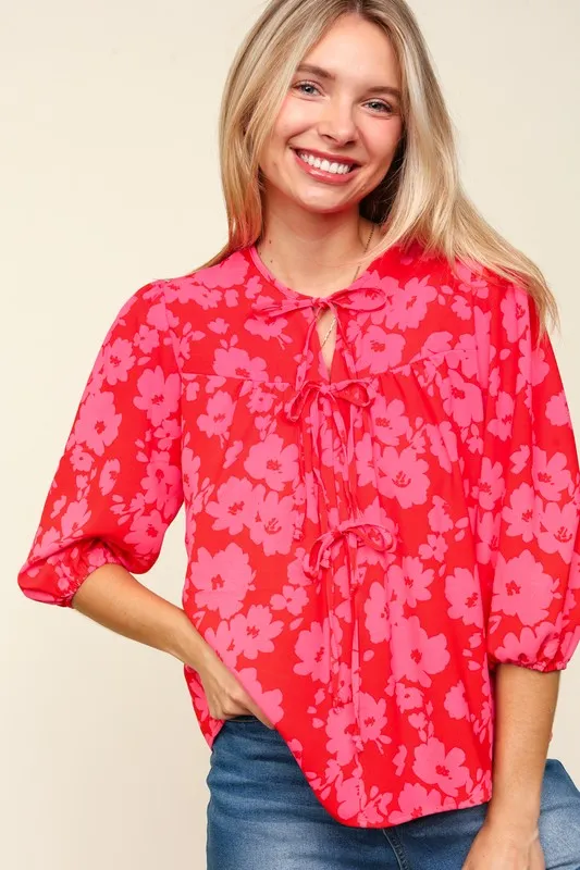 Full Size Ribbon Bow Floral Balloon Sleeve Blouse, image 5