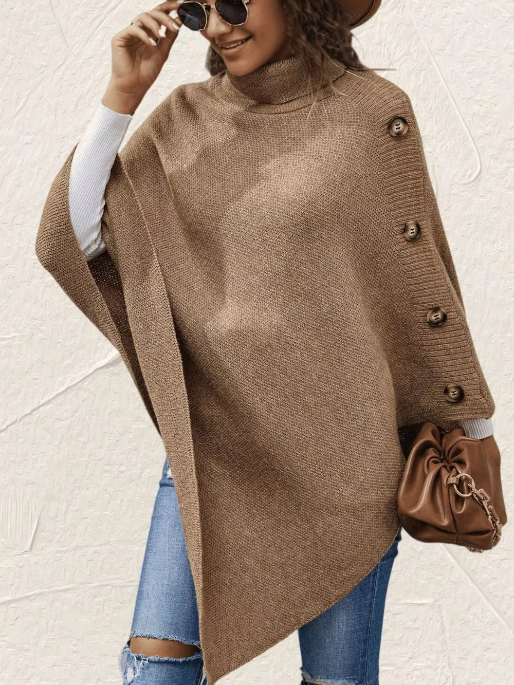 Button-Decor Turtleneck Poncho Pullover, image 14