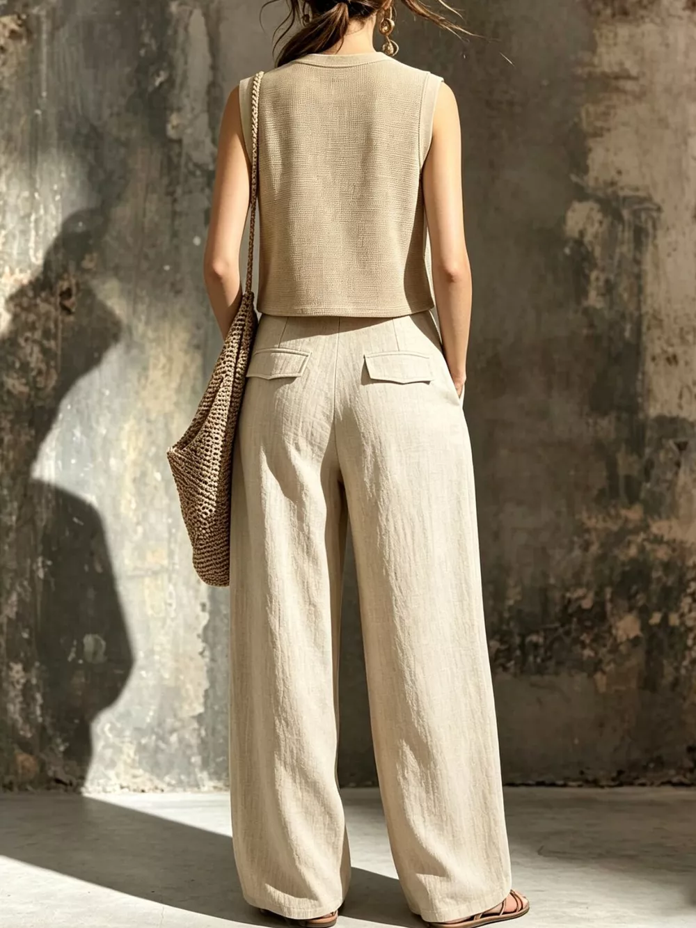 Sleeveless Crop Top and High-Waisted Wide-Leg Cargo Pants Set, image 3