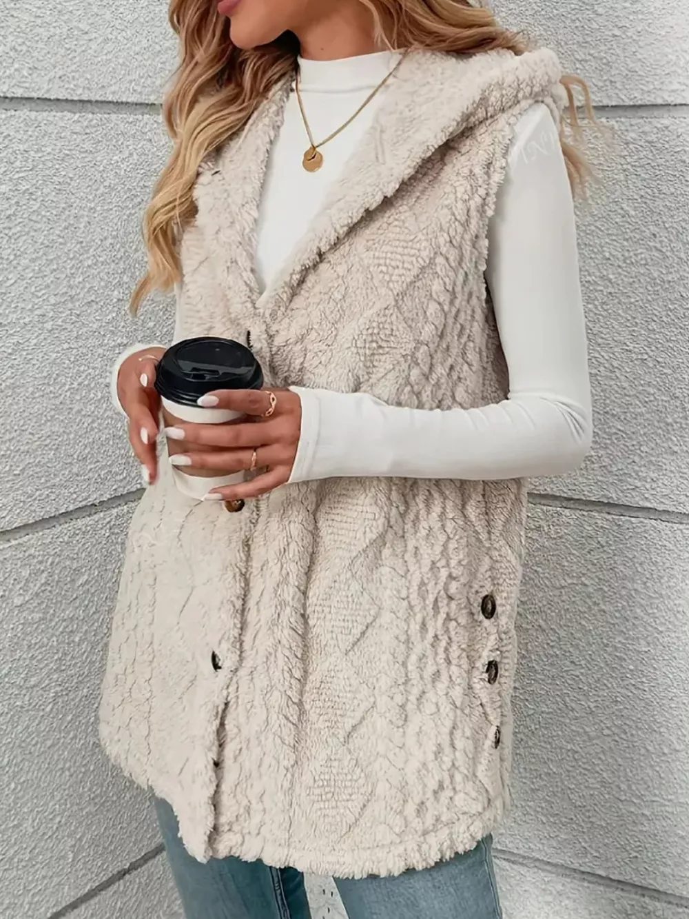 Hooded Button-Up Sherpa Vest Coat, image 15