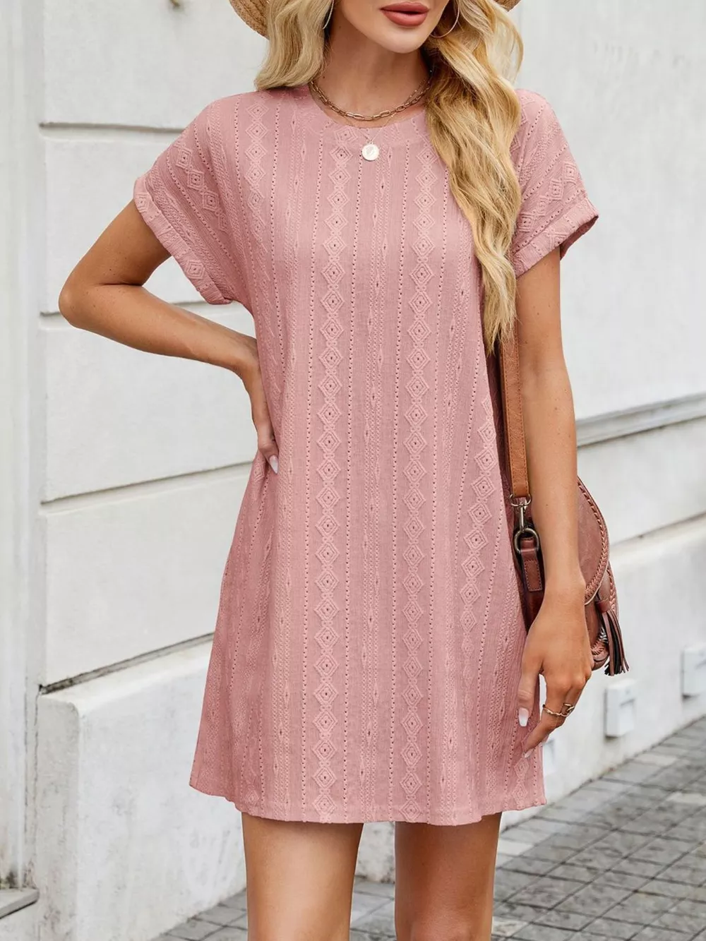 Eyelet Round Neck Casual Mini Dress, image 32