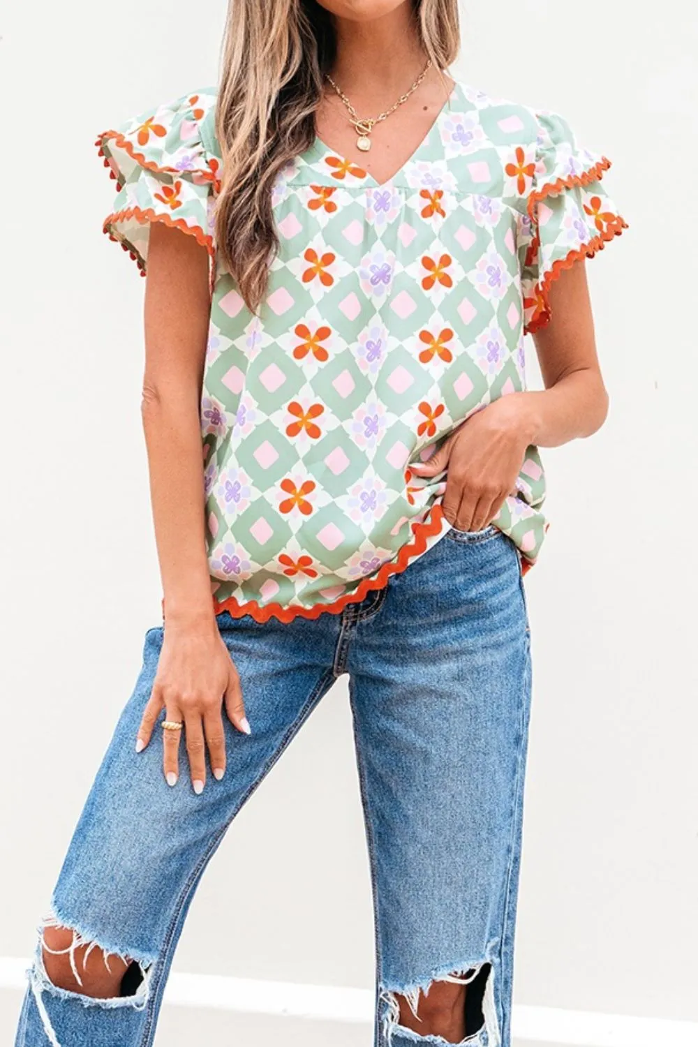 Floral Print V-neck Flutter Sleeve Blouse, image 8