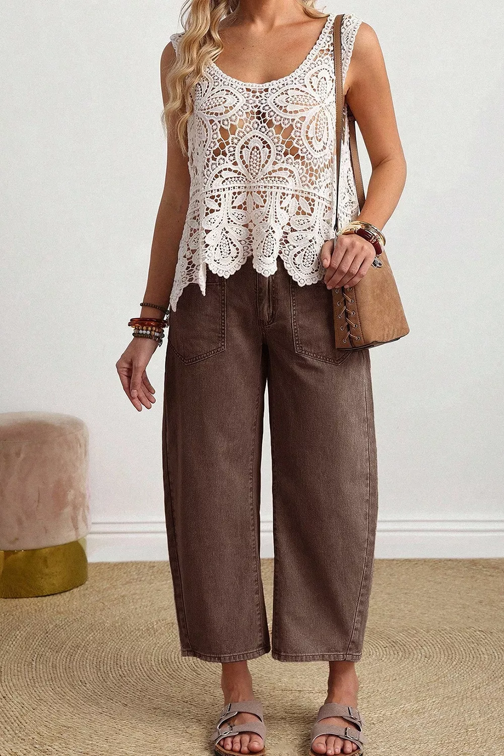 Solid Color Square Patch Pocket Ankle-length Barrel Jeans, image 8