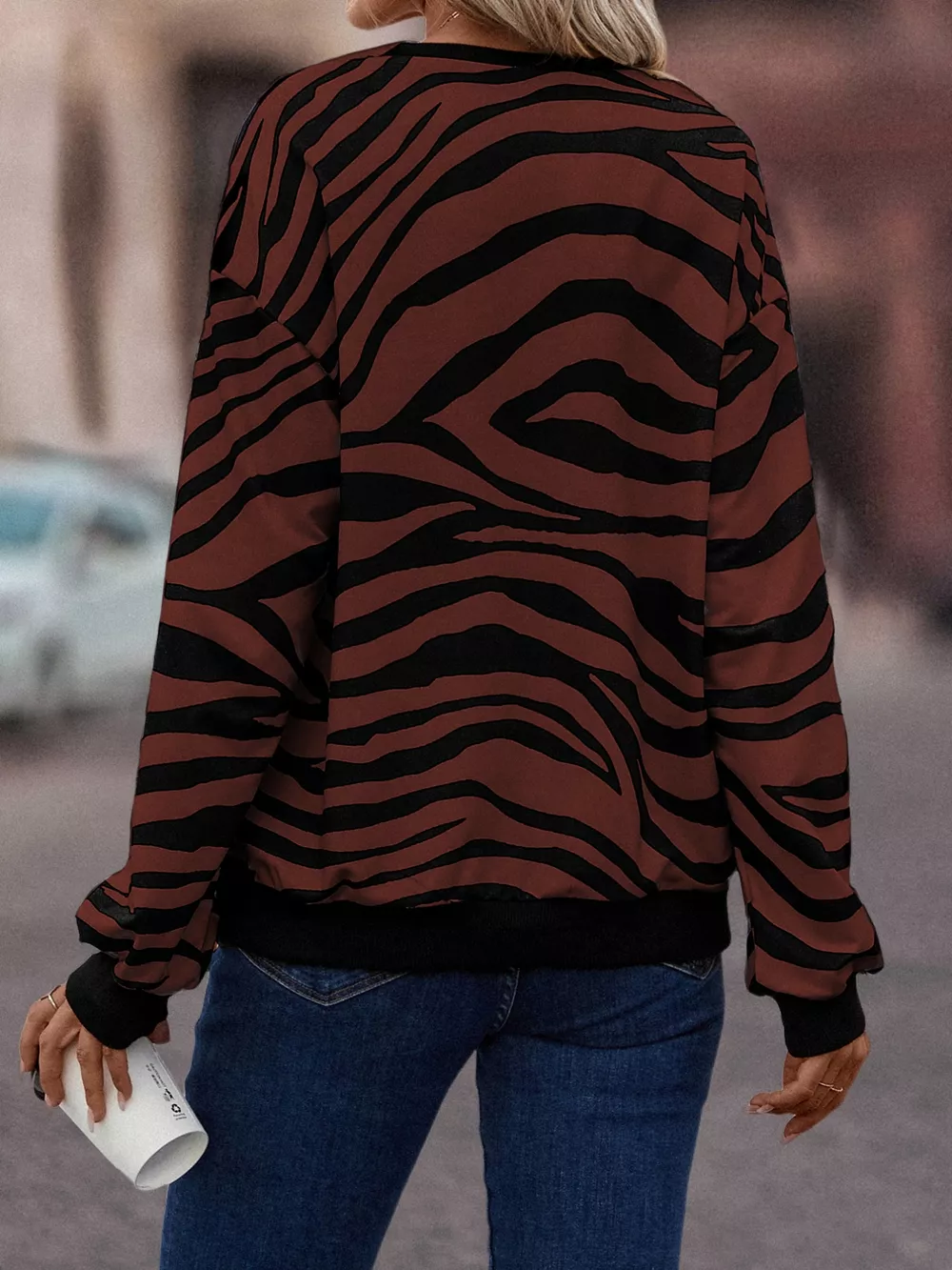 Zebra Print Round Neck Casual Sweatshirt, image 11