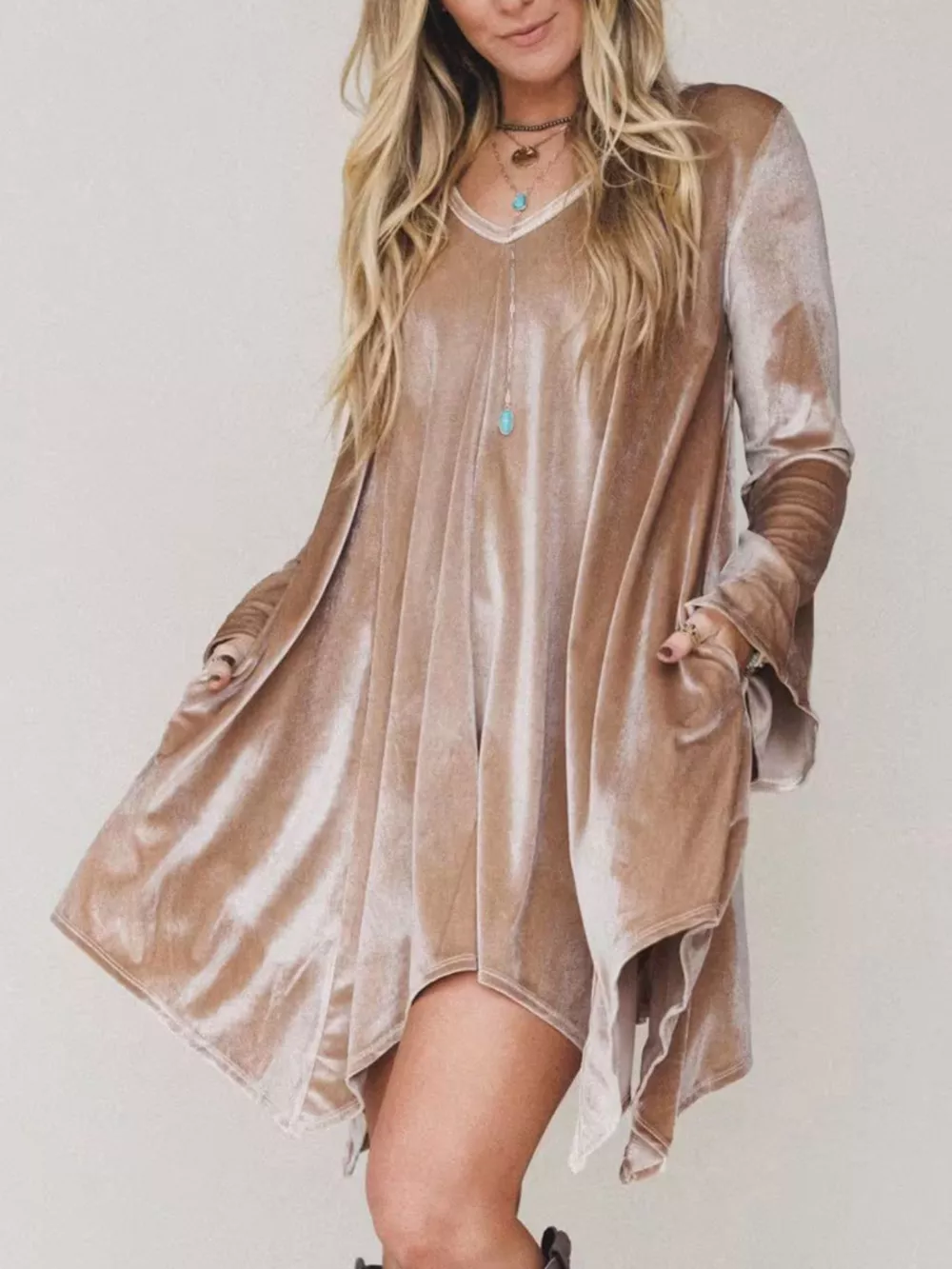 V-Neck Velvet Swing Asymmetrical Dress with Pockets