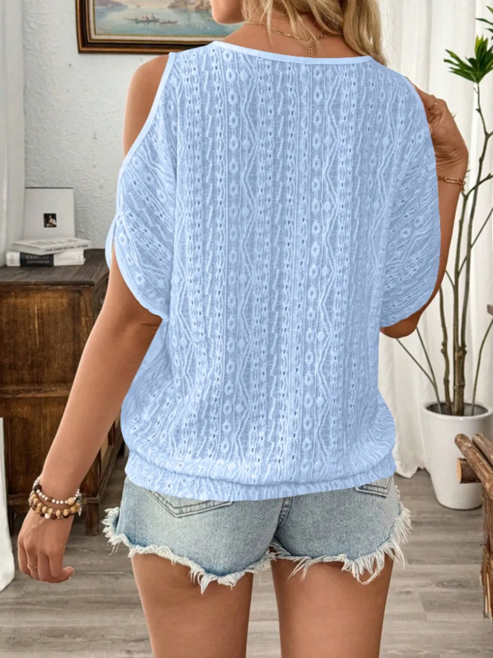 Eyelet Cold Shoulder Round Neck Blouse, image 20