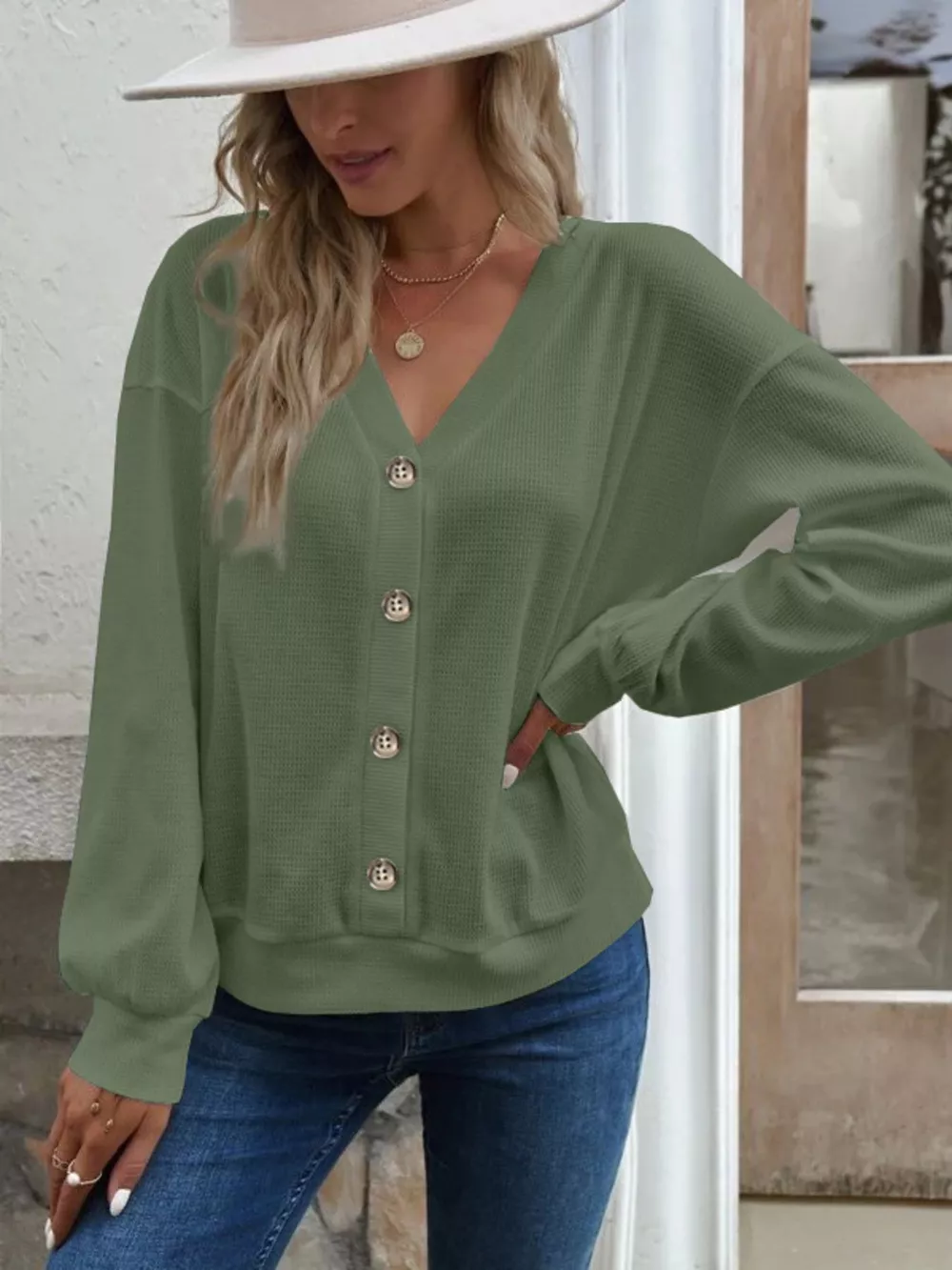 Casual V-Neck Waffle Long Sleeve Top, image 9