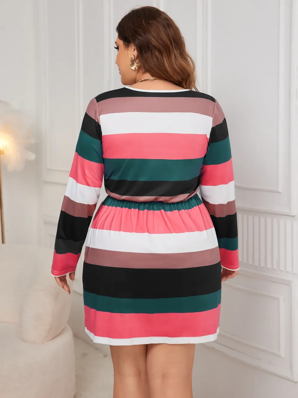 Plus Size Striped V-Neck Long Sleeve Mini Dress, image 6