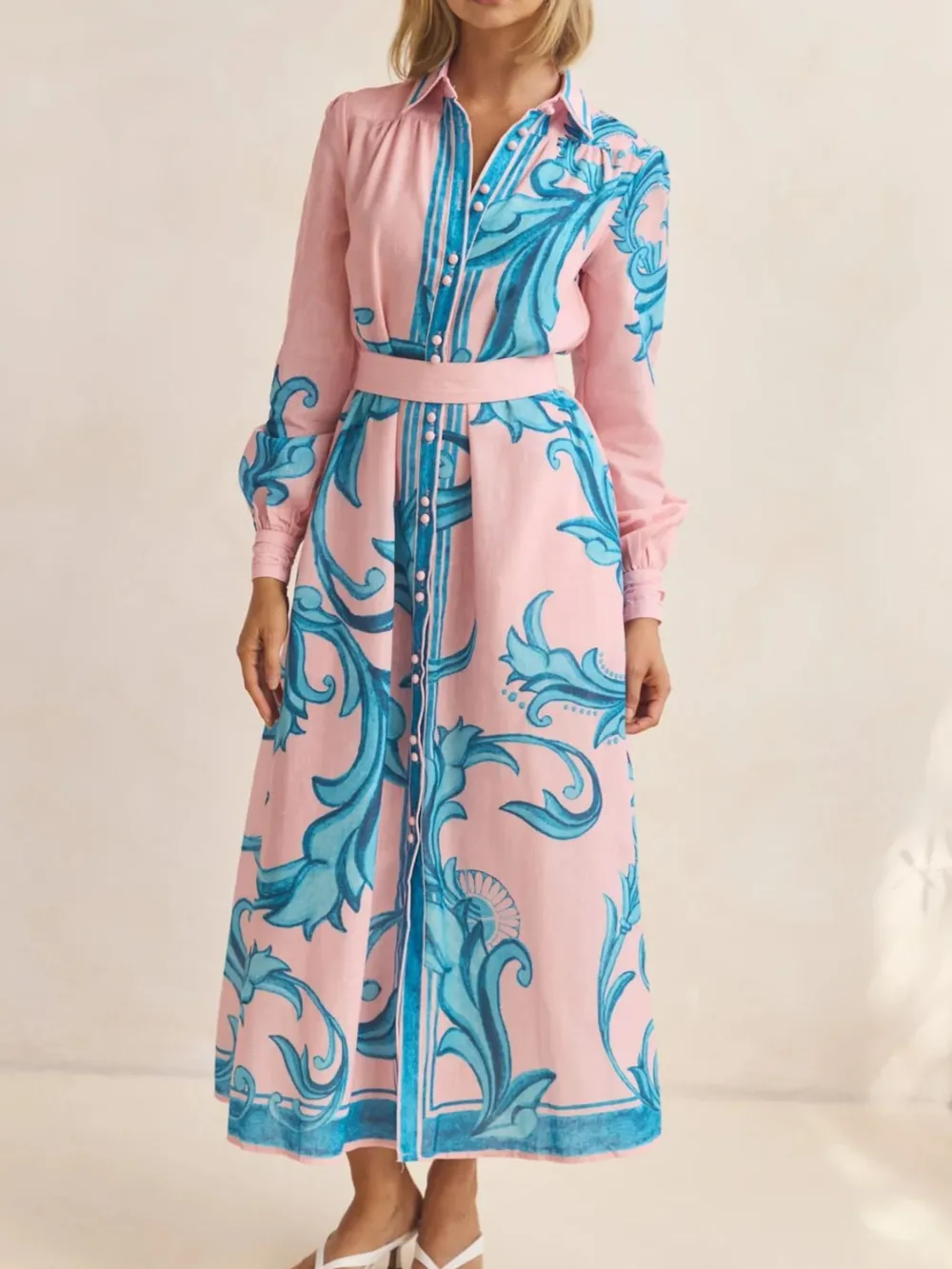 Printed Button Down Belted Shirt Dress, image 19