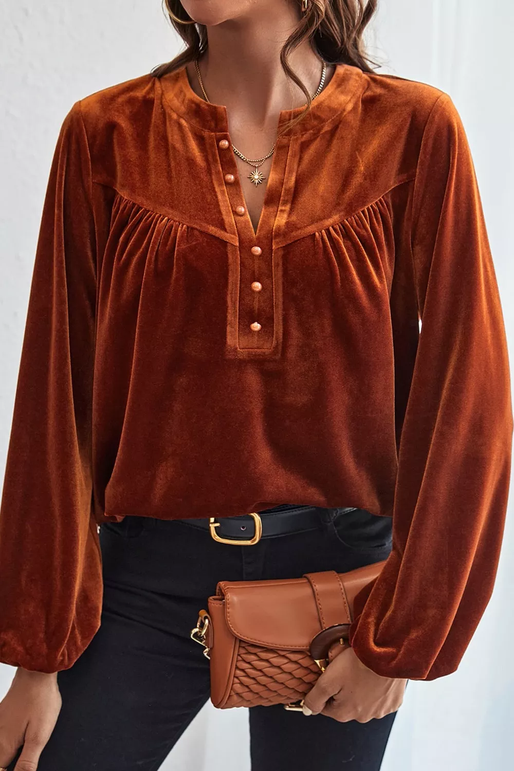 Velvet Button-Front Long Sleeve Blouse, image 10
