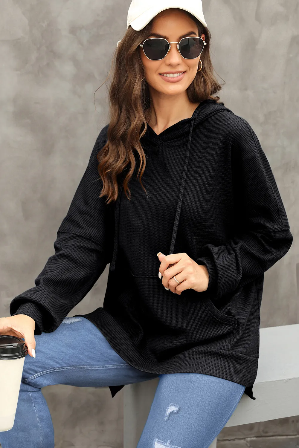 Waffle-Knit Long Sleeve Hoodie, image 5