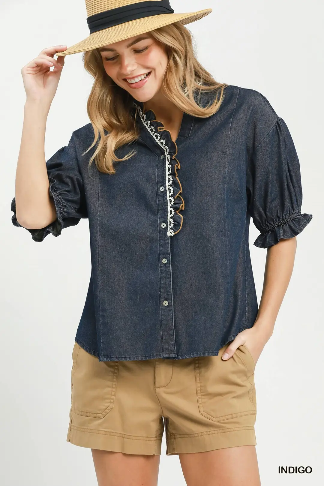 Chambray Scalloped Trim Button Front Blouse