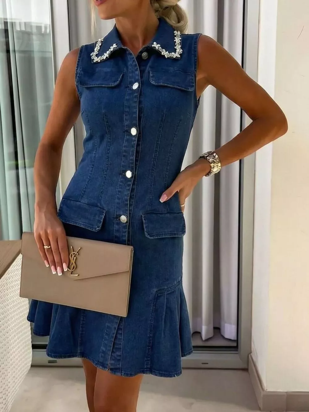 Ruffle Hem Sleeveless Denim Dress, image 2