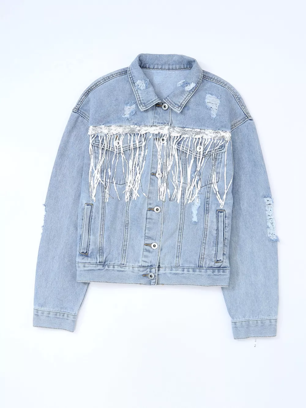 Fringed Sequin Embellished Denim Jacket, image 10