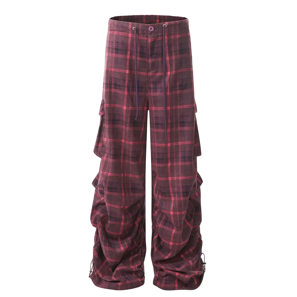 Men's Plaid Ruched Wide Leg Pants, image 2